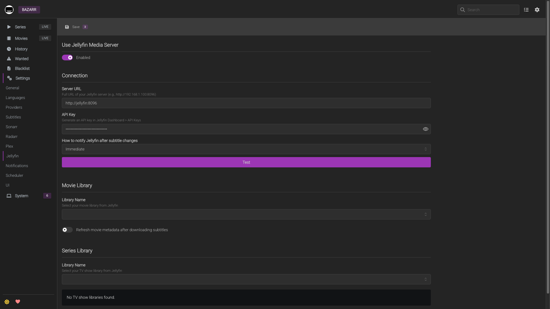 Configuration Jellyfin dans Bazarr