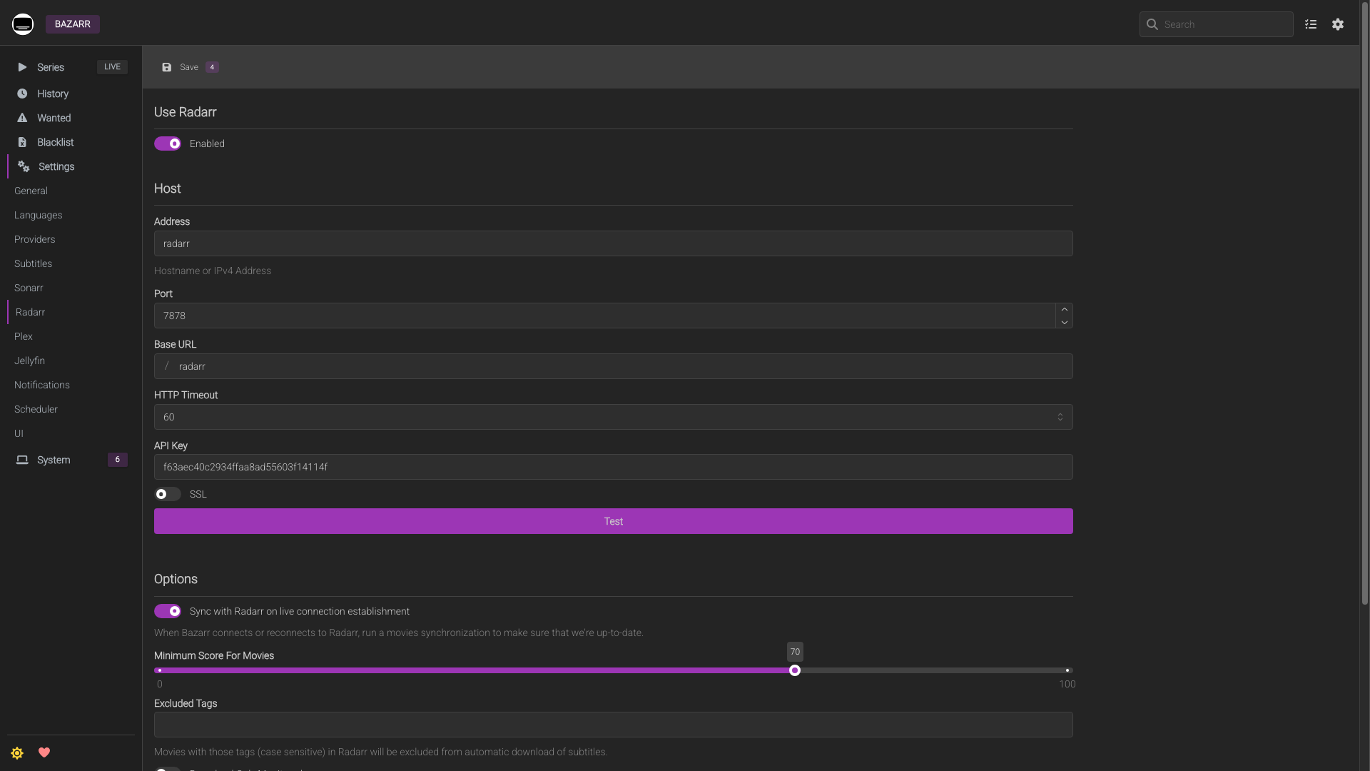Configuration Radarr dans Bazarr