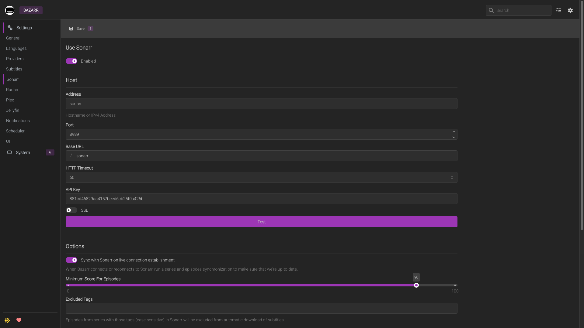 Configuration Sonarr dans Bazarr
